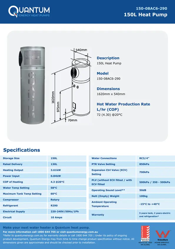 Quantum 150L heat pump specifications diagram