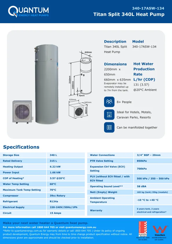 Quantum Titan Split 340L Heat Pump specifications
