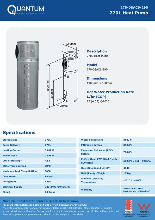 Quantum 270L heat pump specifications sheet