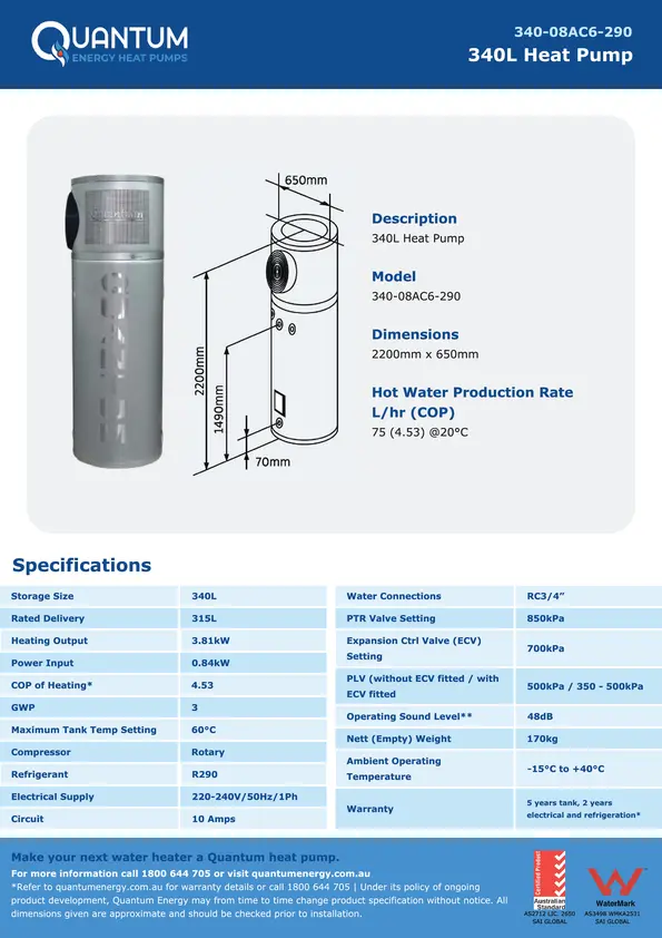 Quantum 340L heat pump specification sheet