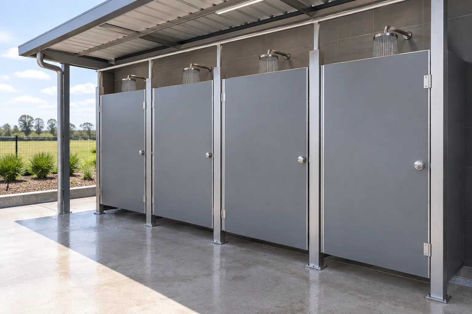 Four outdoor shower cubicles beneath a metal awning